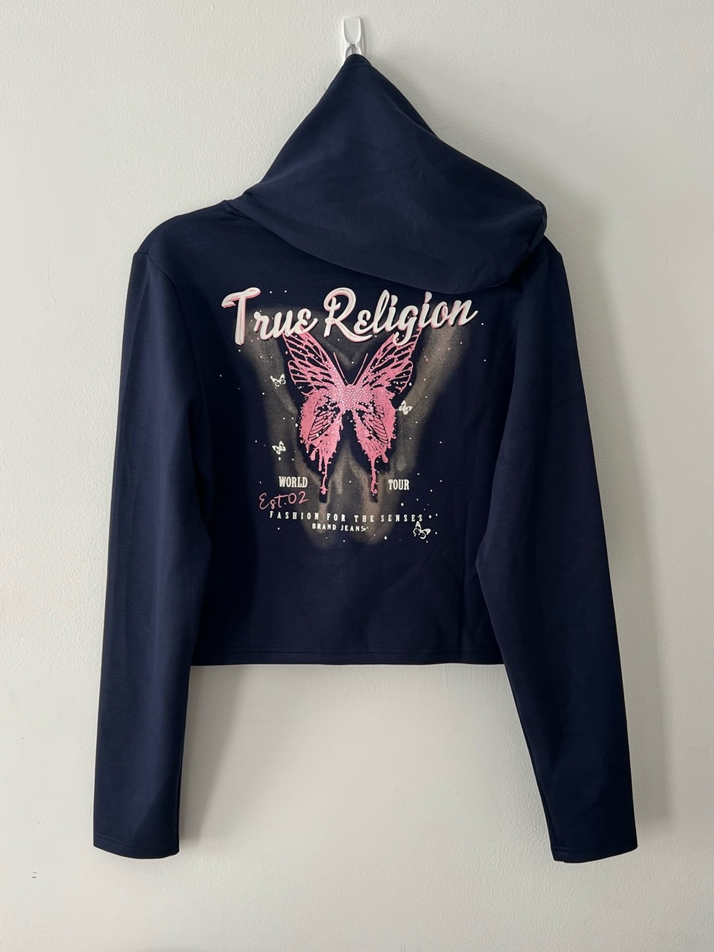 True Religion Navy Cropped Zip Up Hoodie with Pink Bedazzled Butterfly